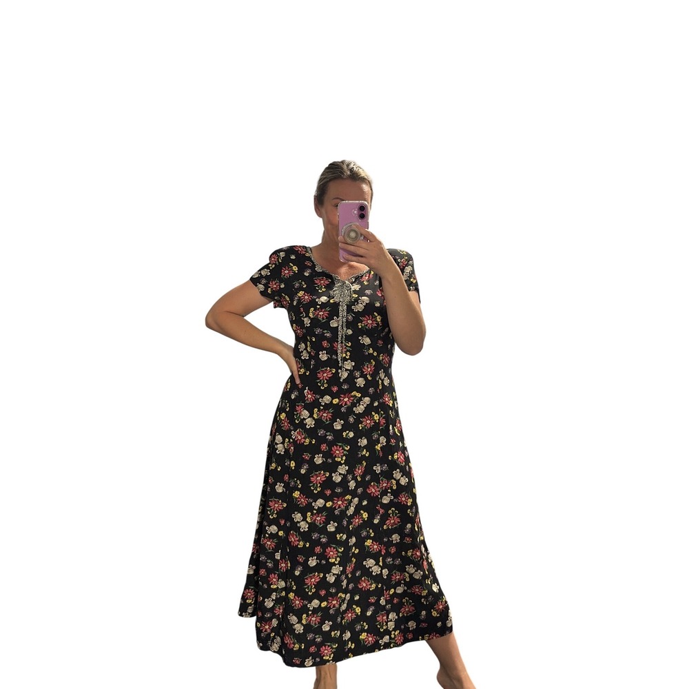 Women M/L Vintage Dress Maxi Floral Short Sleeve 90s Feminine Garden Coquette - Picture 14 of 15